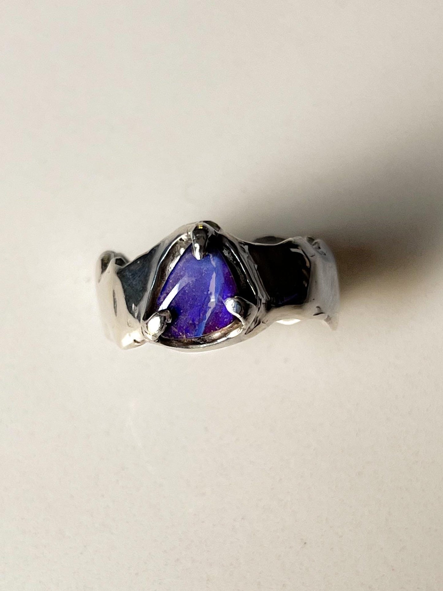 Blue Australian Boulder Opal Claw setting with organic wavy band Size 6 1/2
