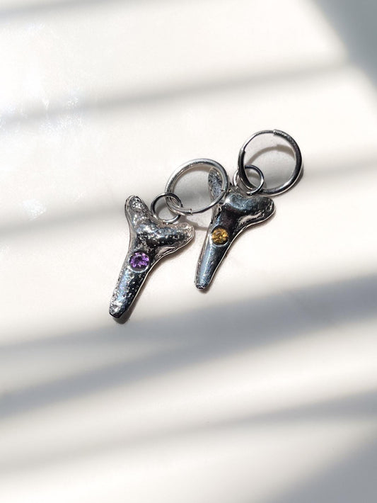 silver shark tooth earring charms with gemstones