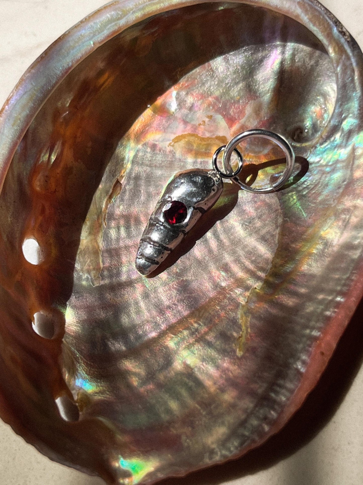 Silver Shell Earring Charm with Garnet Gemstone
