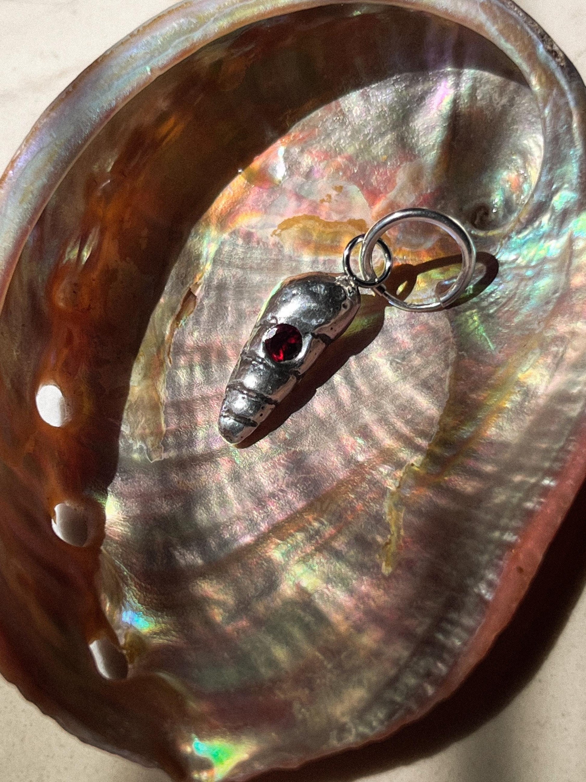Silver Shell Earring Charm with Garnet Gemstone